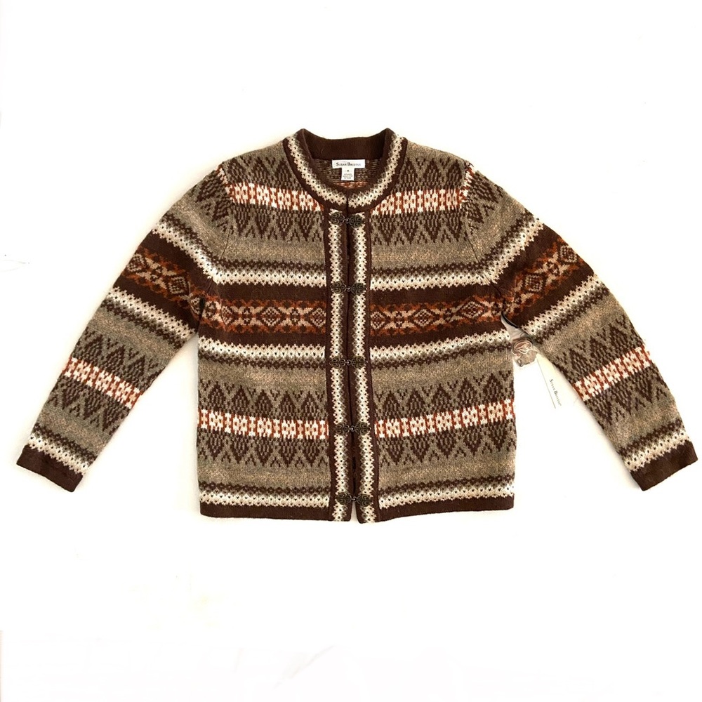 Susan Bristol Brown, Cream & Gray Fair Isle Cardigan Sweater